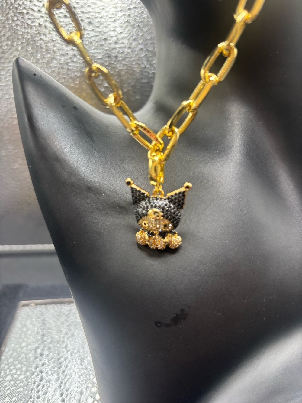 Gold-Tone Link Necklace with Black Cat Pavé Pendant
